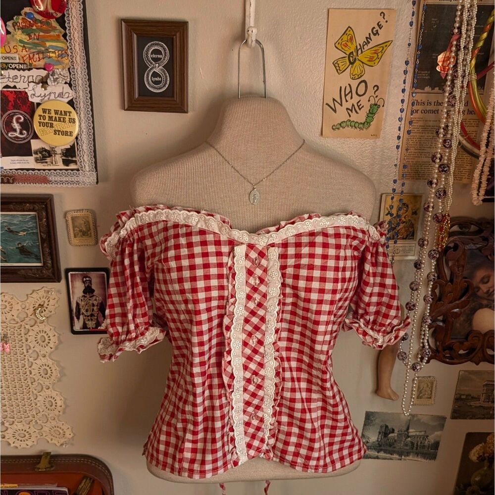Puff Sleeve Gingham Milkmaid Blouse Women's Medium/Large Red White